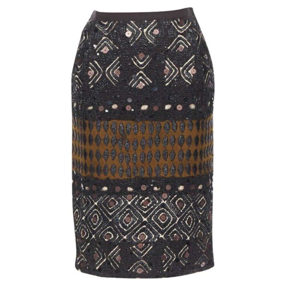 Oscar de la Renta brown raffia sequins embellished skirt